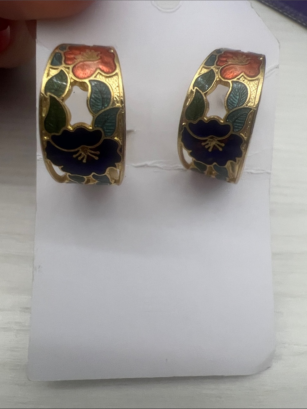 Gold-Tone Floral Enamel Hoop Earrings in Navy and Green